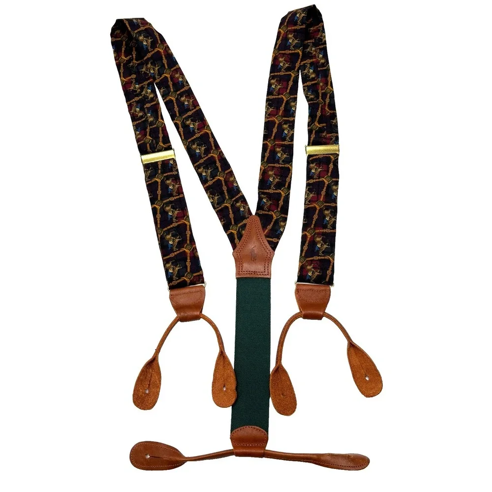 VTG Polo Ralph‎ Lauren Suspenders Horse Chain Print Equestrian Heritage Leather